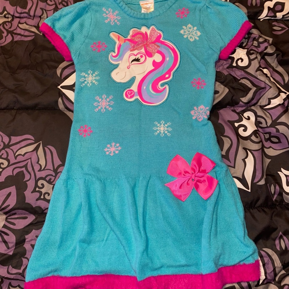 Winter Unicorn Girls Dress with Pink Fur